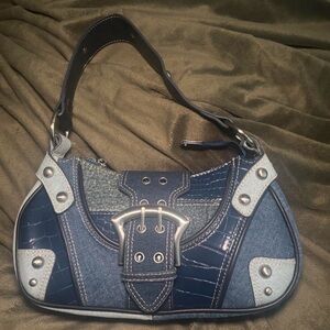 Dolls Kill Patchwork Navy Mini Shoulder Bag with Silver Hardware